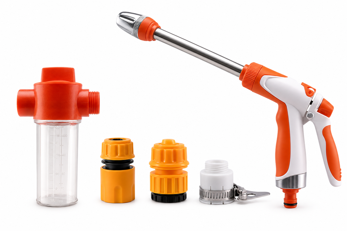 Oulores high-pressure hose nozzle kit with foam cannon, connectors and stainless steel wand