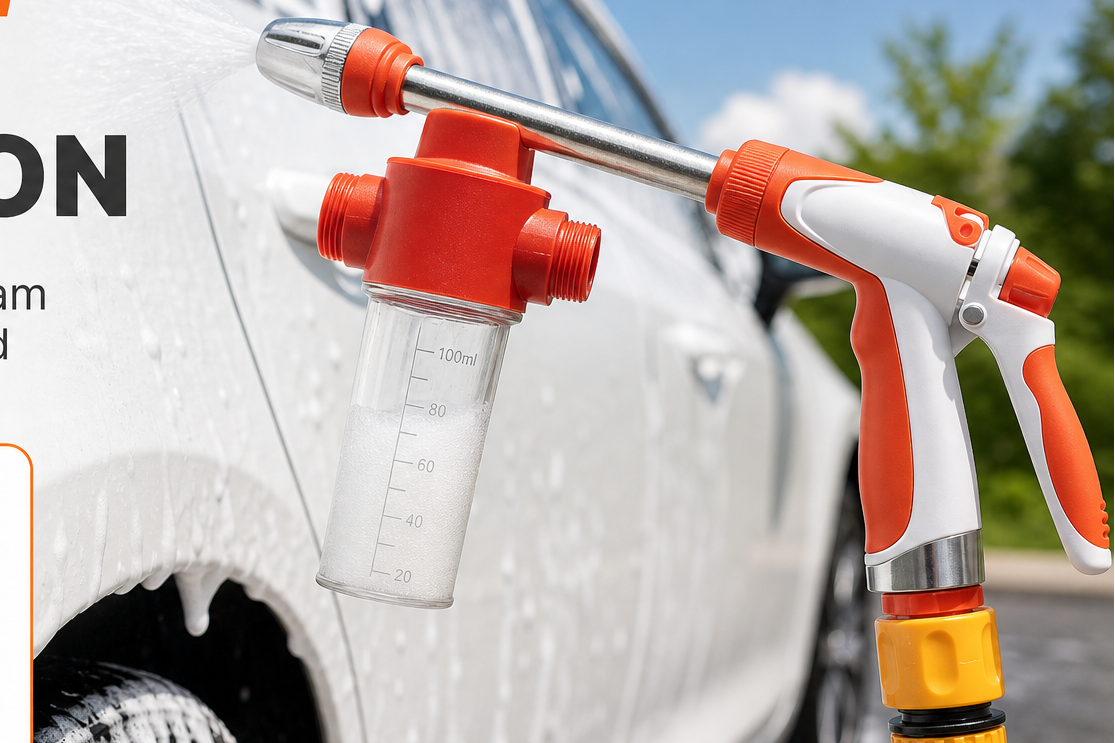 Detachable 100ml foam cannon snaps on in seconds — no separate purchase needed