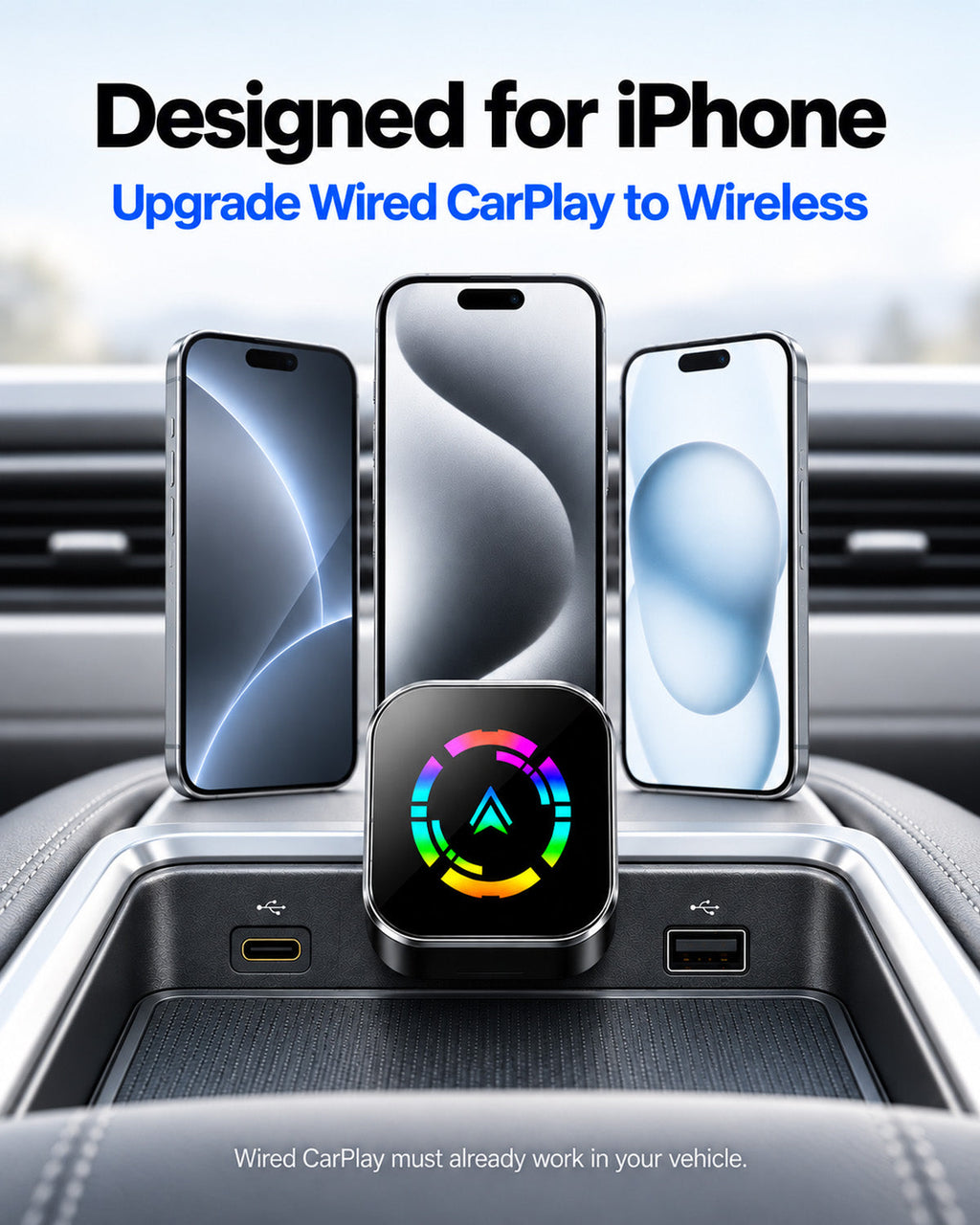 Converts factory wired CarPlay or Android Auto into a wireless connection