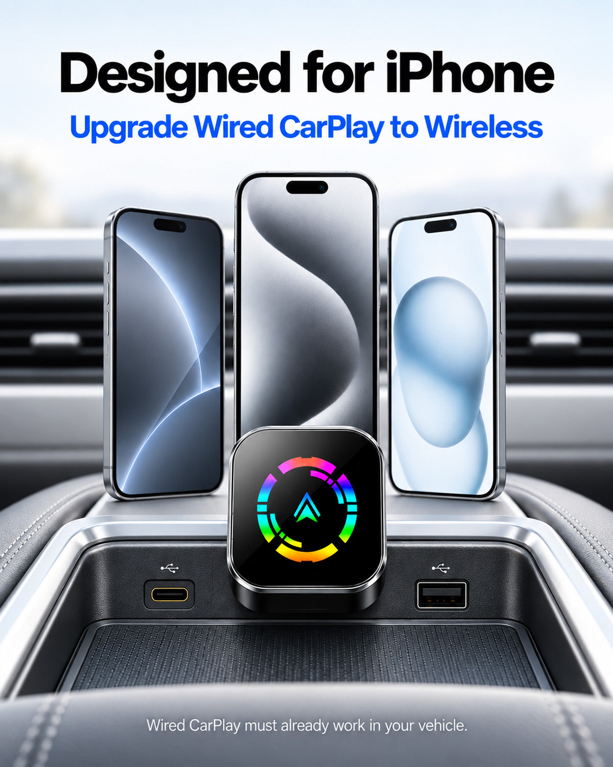 Converts factory wired CarPlay or Android Auto into a wireless connection