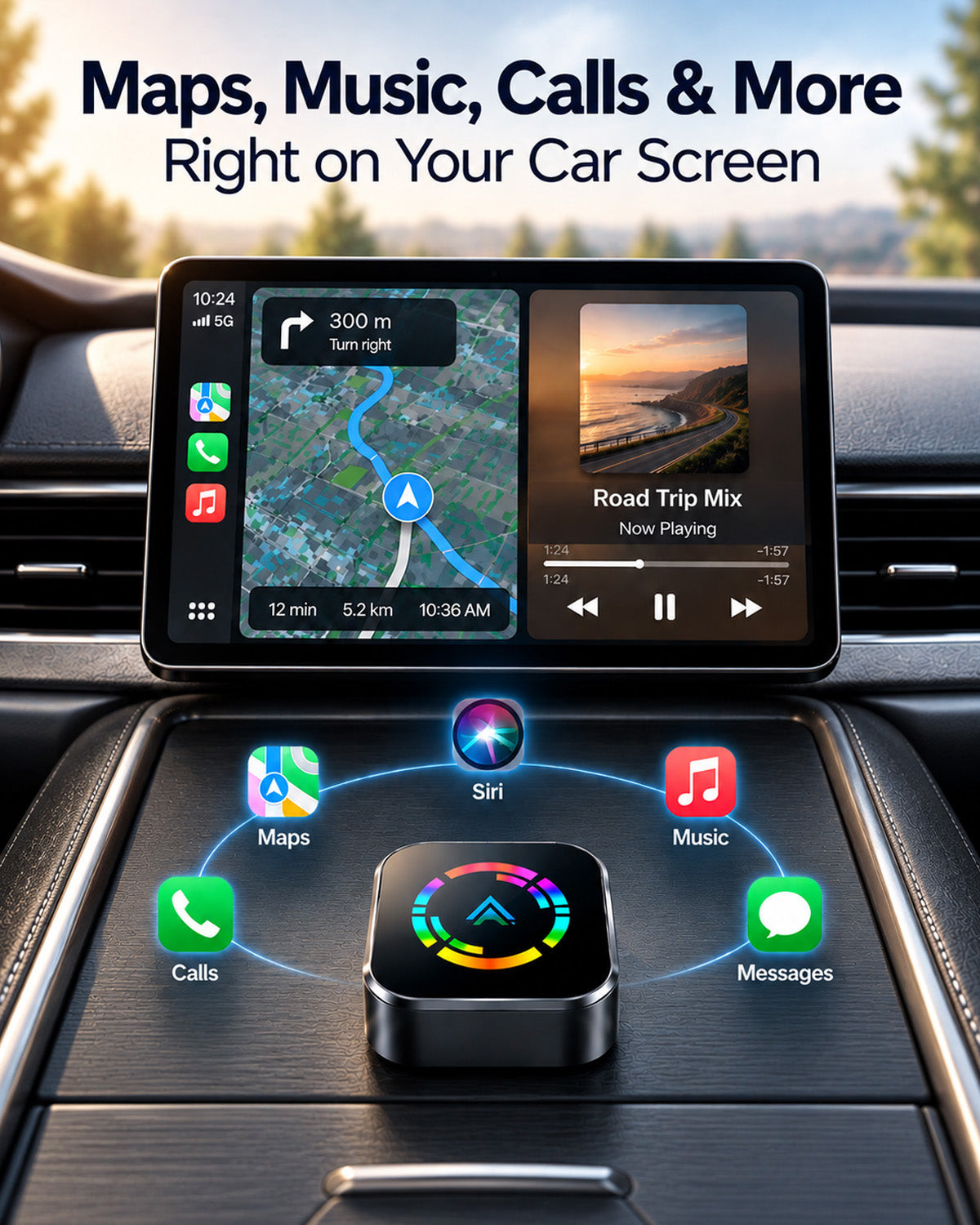Wireless navigation, music, calls, messages and voice control on the car display