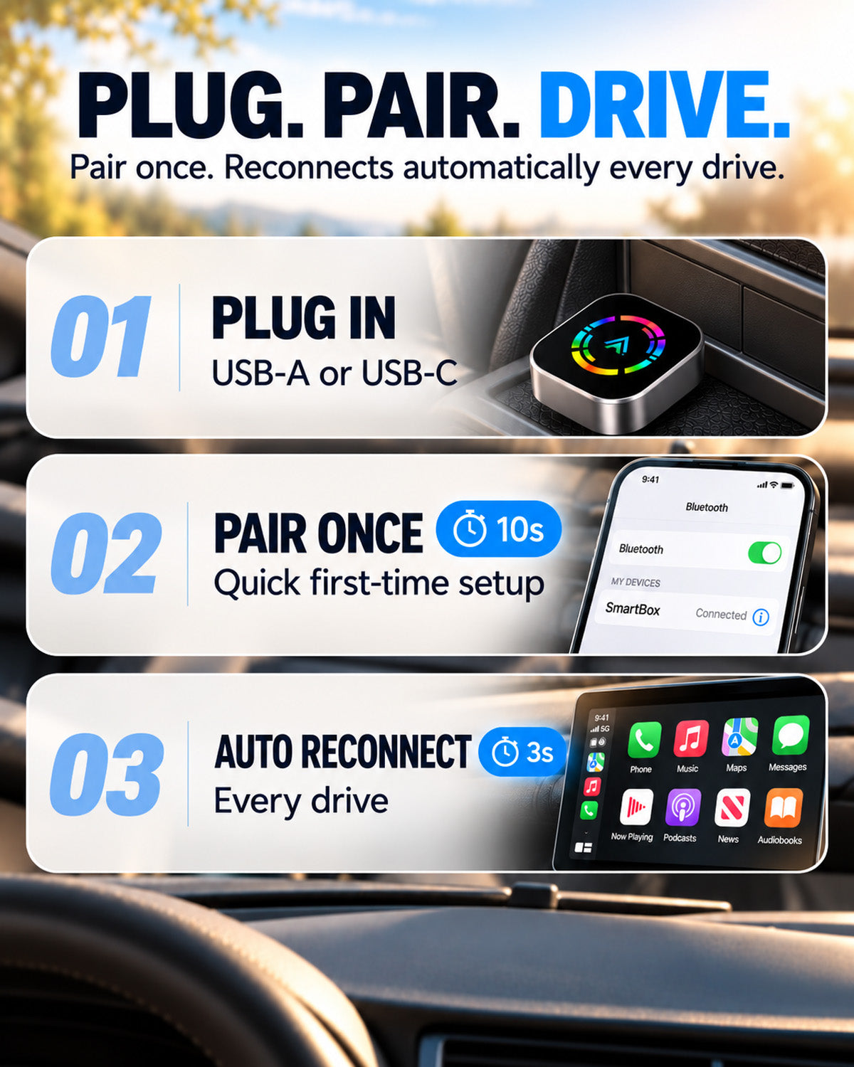 Plug in, pair once, and the adapter reconnects automatically on later drives