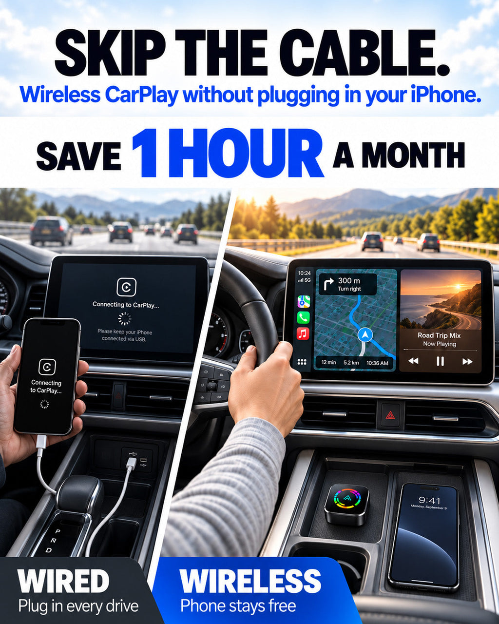 Cable-free driving compared with plugging in your phone every trip